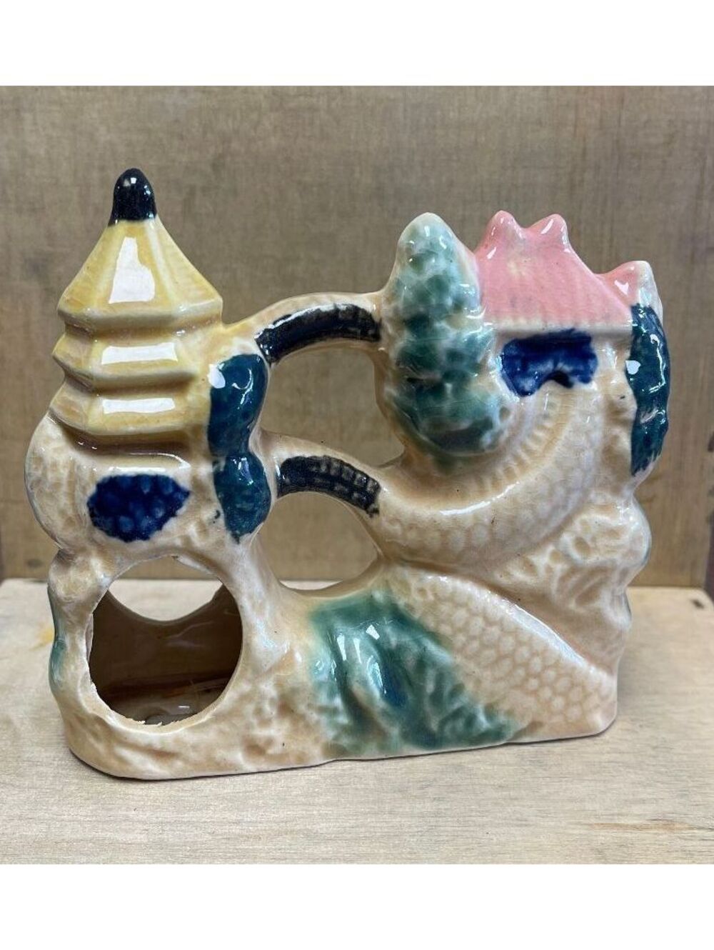 Vintage 1960s Japanese Ceramic Aquarium Sculpture with Pagoda and Archway